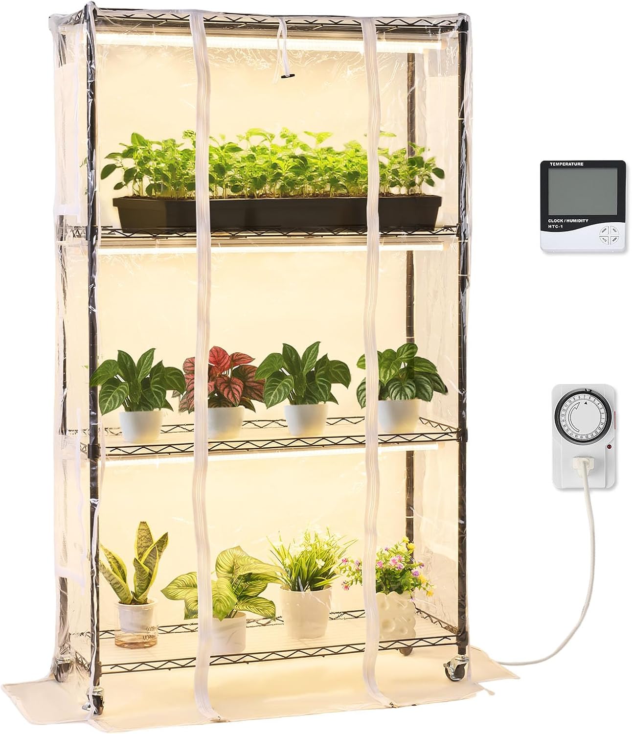 VEVOR Indoor Greenhouse with Grow Light, 59 in Tall 4-Tier Plant Stand with Clear Cover, Timer & Hygrometer, 180W Full Spectrum Grow Lights, Metal Lighted Plants Shelf Holder for Indoor Plants