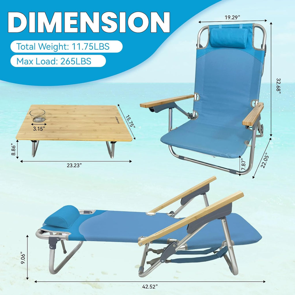 2 Pack Low Backpack Beach Chair with Folding Bamboo Table for Adults, 5-Position Lay Flat Reclining Chair Lightweight with Cooler Bag Supports 265 lbs