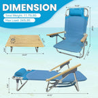 2 Pack Low Backpack Beach Chair with Folding Bamboo Table for Adults, 5-Position Lay Flat Reclining Chair Lightweight with Cooler Bag Supports 265 lbs