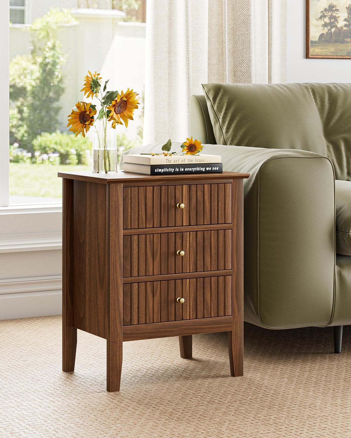 Night Stand, Fluted Nightstand Bedside Tall Farmhouse Nightstand with 3 Drawers, Mid Century Modern Side Accent Table,Bedside End Table for Bedroom, Living Room, Walnut