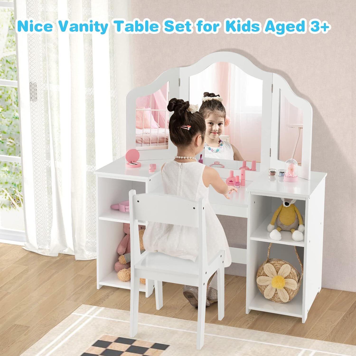 HONEY JOY Kids Vanity, Little Girls Vanity Set with Mirror and Stool, Storage Shelves, Wooden Princess Makeup Dressing Table, Toddler Vanity, Pretend Play Kids Vanity Table and Chair Set (White)