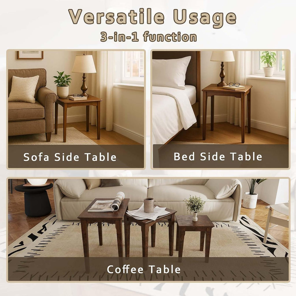 Kmax Nesting Tables Set of 3, Small Sofa Side Table Rustic Stacking End Table Rectangle Solid Wood Coffee Tables for Small Space - Walnut