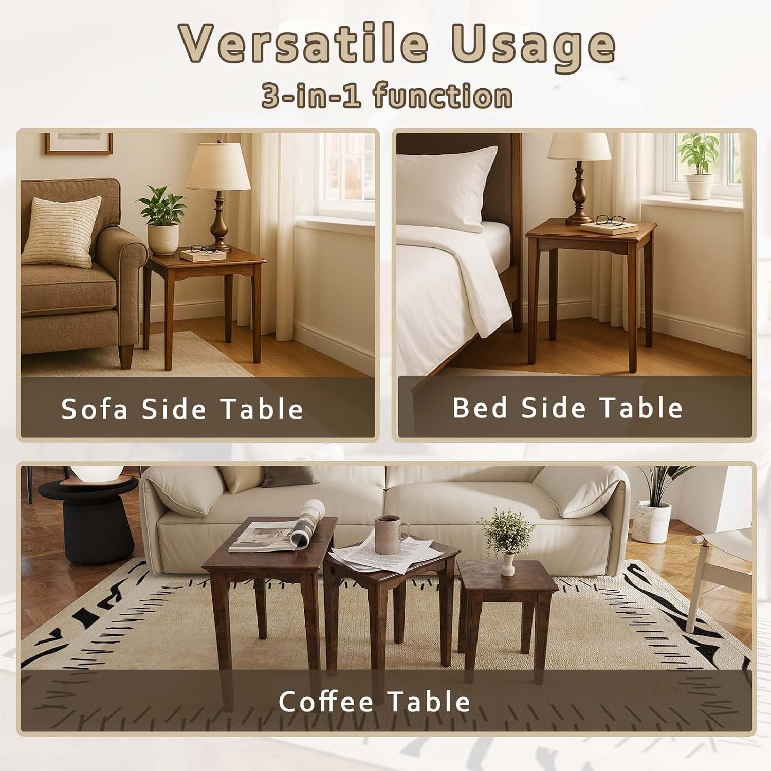 Kmax Nesting Tables Set of 3, Small Sofa Side Table Rustic Stacking End Table Rectangle Solid Wood Coffee Tables for Small Space - Walnut