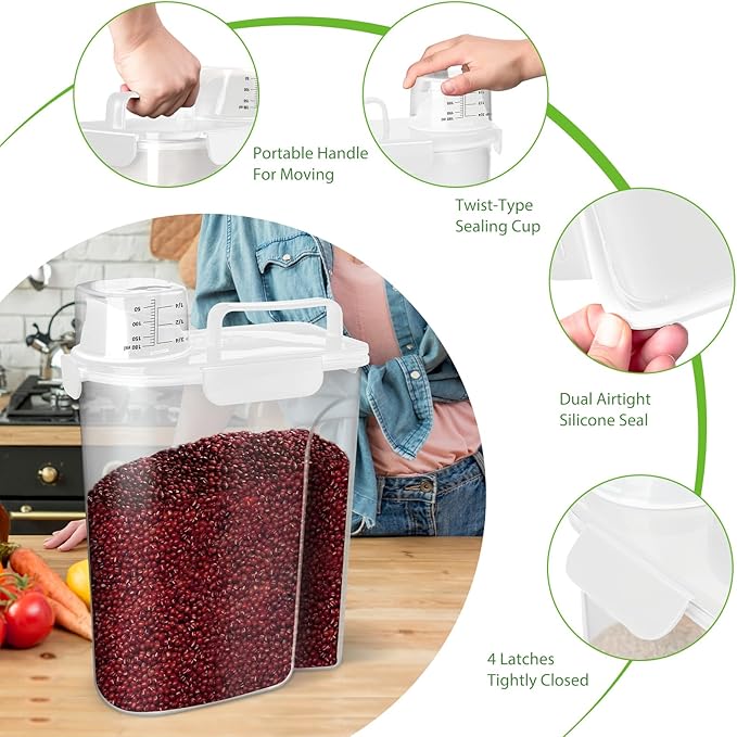 Rice Storage Container, 5 to 10lb Dry Food Airtight Dispenser, Pet Dog Cat Food Canister, BPA Free Clear Plastic Kitchen and Pantry Organization Bin for Oatmeal, Cereal, Pasta, Flour White