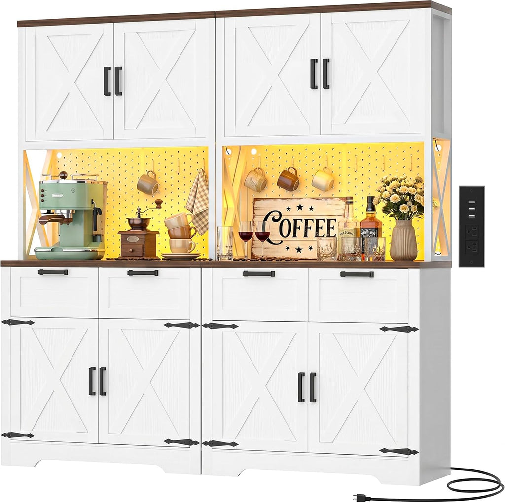 Unikito 71" Tall Kitchen Pantry Cabinet with Microwave Countertop, 63" Wide Pantry Storage Cabinet with Charging Station & LED Lights,Large Kitchen Hutch Cabinet with Drawers for Dining Room, White