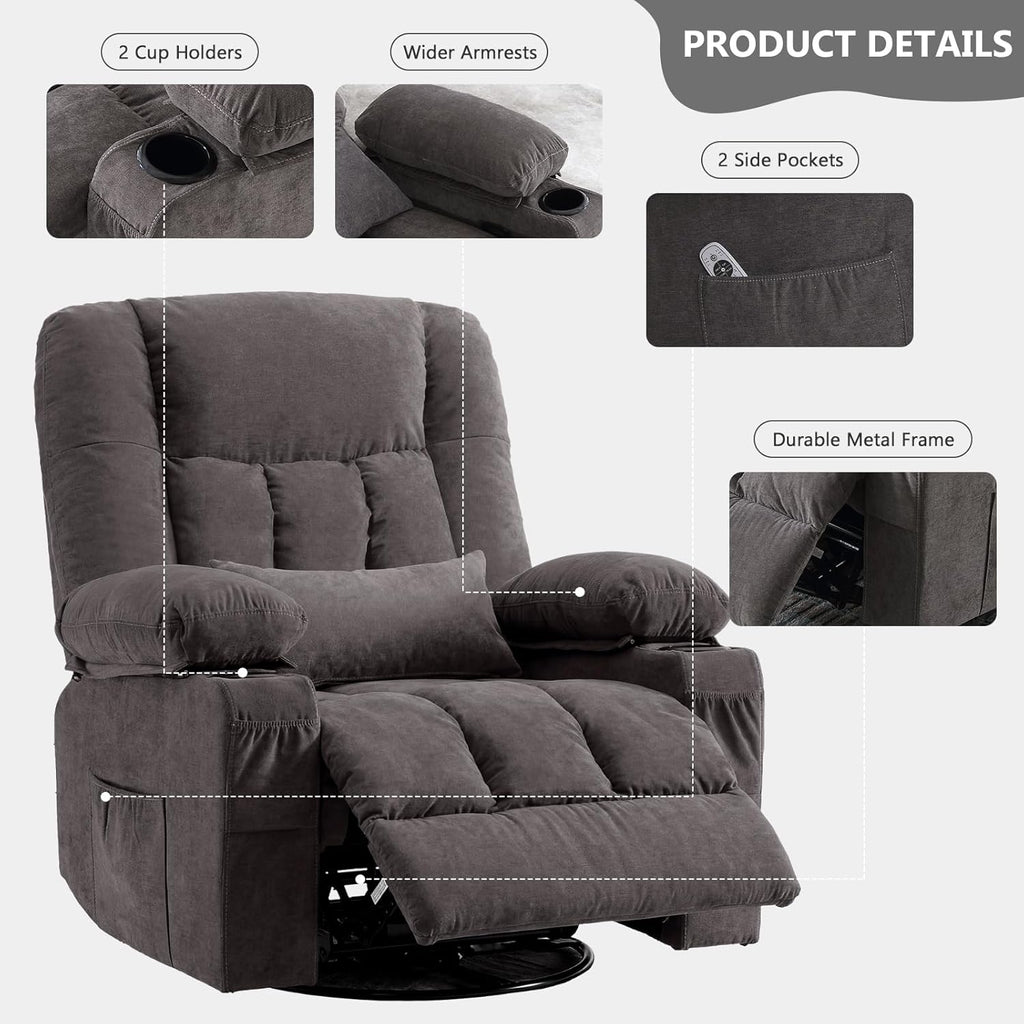 Swivel Rocker Recliner Chair with Vibration Massage and Heat Ergonomic Lounge Chair for Living Room with Rocking Function and Side Pocket, 2 Cup Holders, USB Charge Port