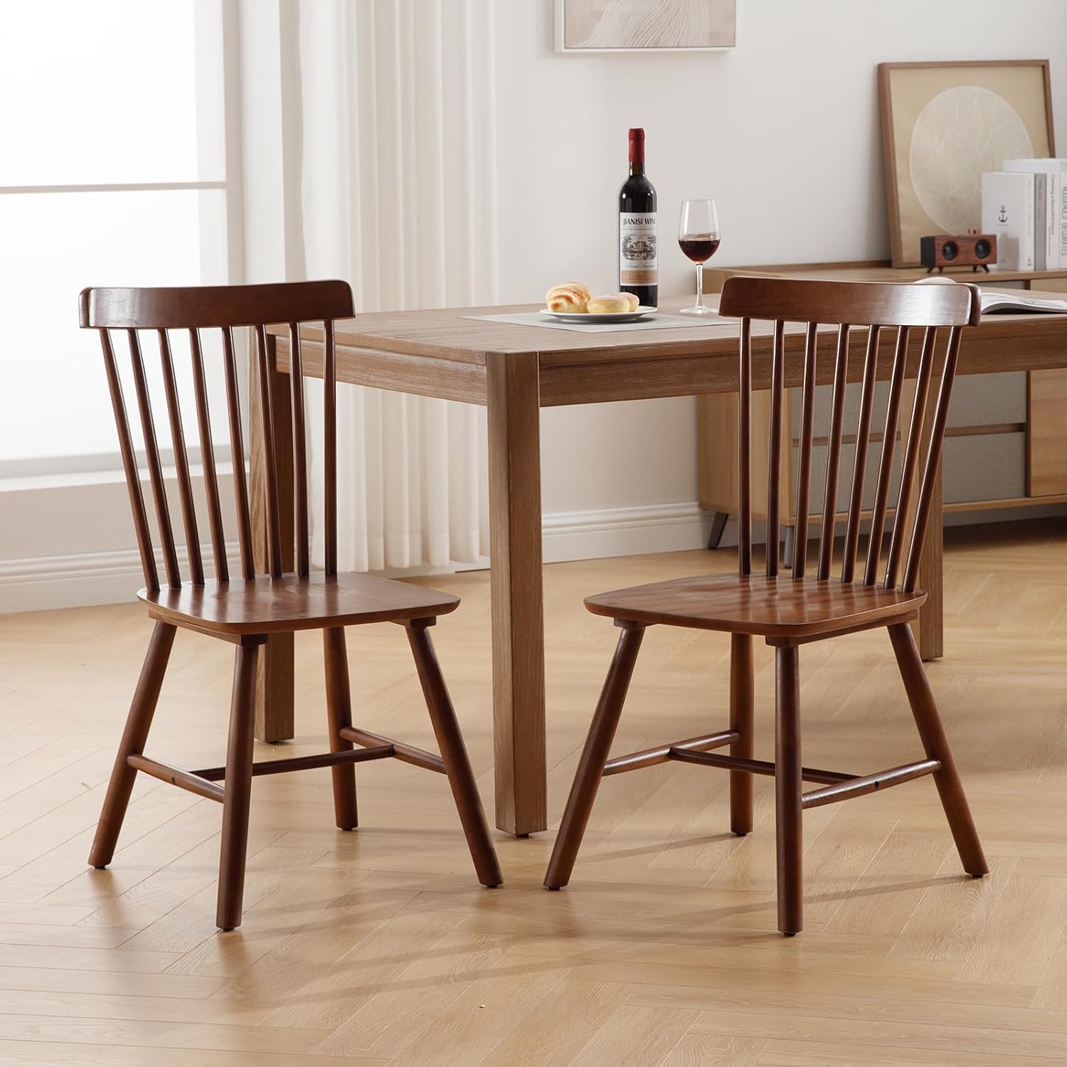 Windsor Dining Chairs Set of 2, Farmhouse Kitchen & Dining Room Chairs with Spindle Back, Comfy Armless Solid Wood Side Chair for Home/Living Room/Restaurant, Walnut Wood