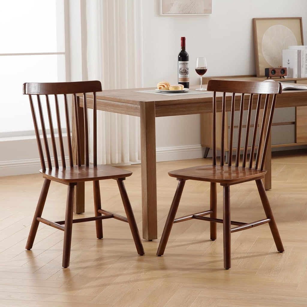 Farmhouse Style Windsor Chairs Set of 4, Vintage Kitchen & Dining Room Chairs with Spindle Back, Comfy Armless Solid Wood Side Chair for Home/Living Room/Restaurant, Walnut