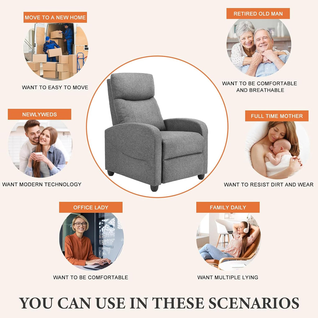 OLIXIS Recliner Chair for Adults, Home Theater Seating with Lumbar Support | Fabric Reclining Sofa Chair Seat for Living Room, Recliners, Gray