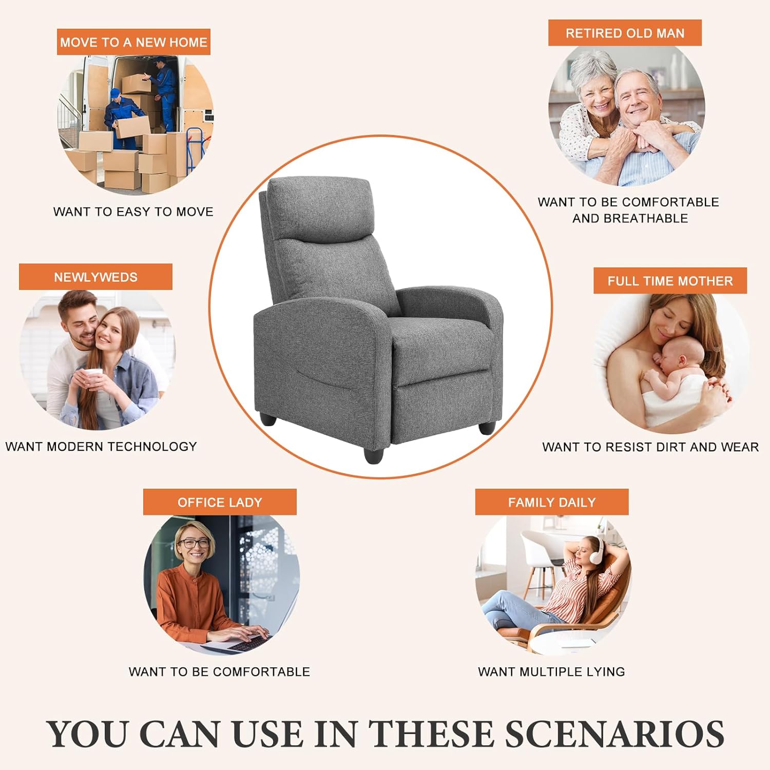 OLIXIS Recliner Chair for Adults, Home Theater Seating with Lumbar Support | Fabric Reclining Sofa Chair Seat for Living Room, Recliners, Gray