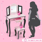 Costzon Kids Vanity Table and Chair Set, Girls Vanity Set with Mirror and Stool, Storage Drawer, Wooden Princess Makeup Dressing Table, Vanity Set for Little Girls