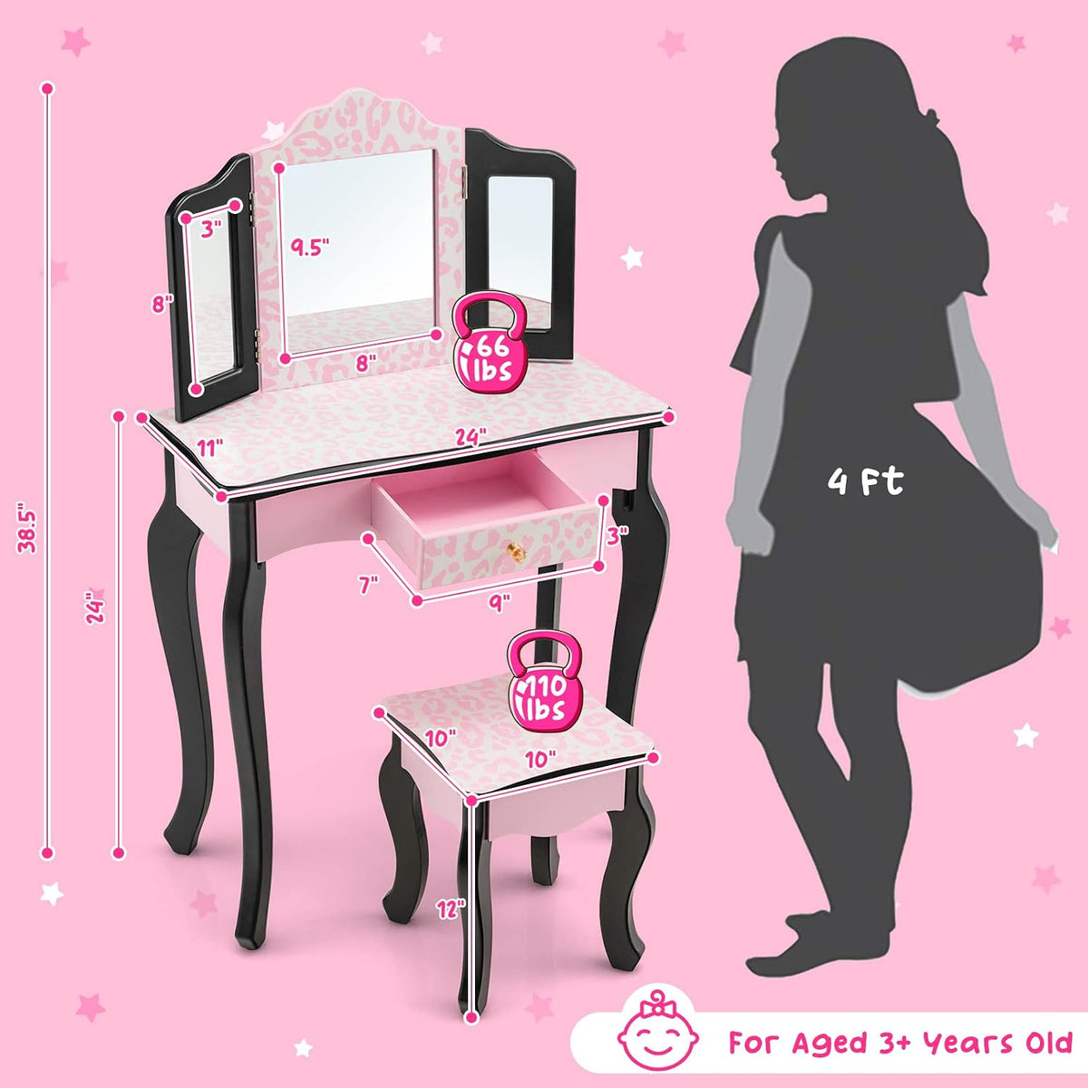 Costzon Kids Vanity Table and Chair Set, Girls Vanity Set with Mirror and Stool, Storage Drawer, Wooden Princess Makeup Dressing Table, Vanity Set for Little Girls