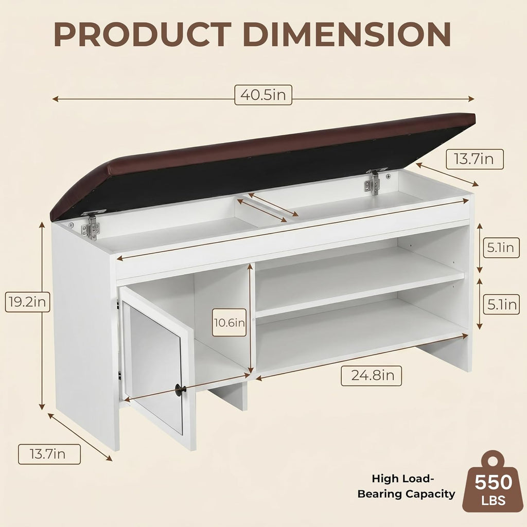 40.5 in Shoe Bench with Storage, Storage Bench, Padded Seat, White | Lift-top storage, 2-tier shoe storage, adjustable shelves, mirrored cabinet doors for entryway, mudroom, bedroom