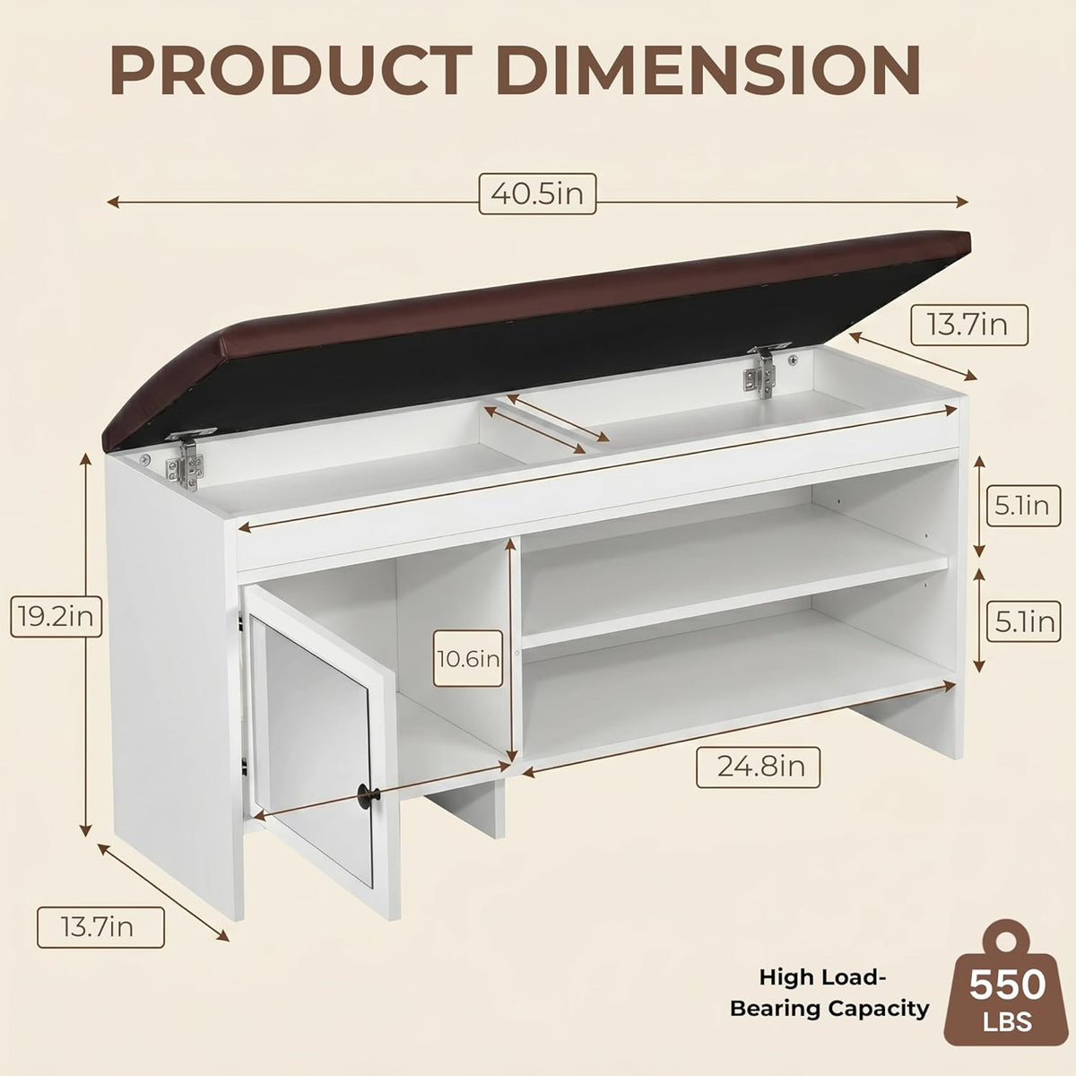 40.5 in Shoe Bench with Storage, Storage Bench, Padded Seat, White | Lift-top storage, 2-tier shoe storage, adjustable shelves, mirrored cabinet doors for entryway, mudroom, bedroom