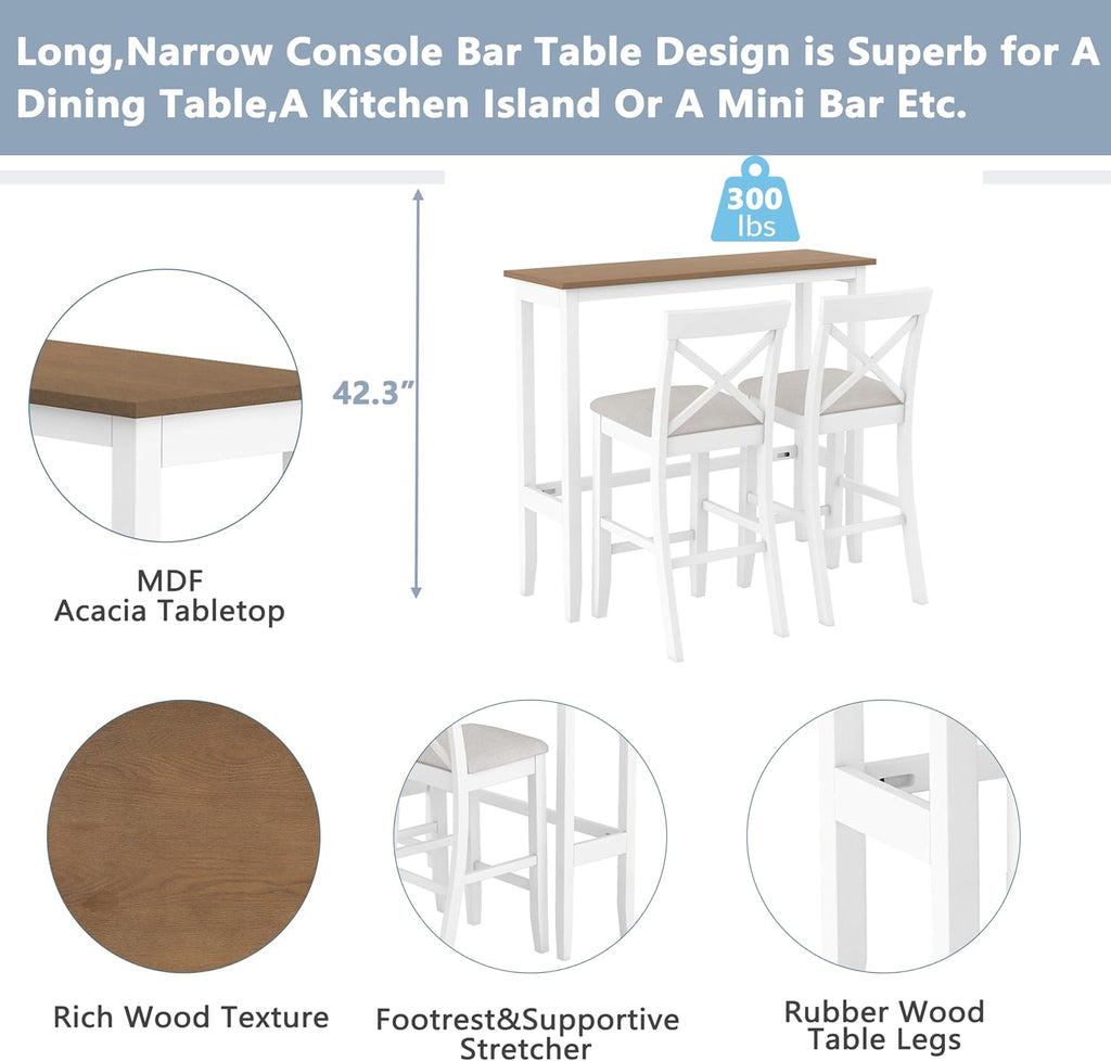 LUMISOL 3 Piece Pub Table and Chair Set, Small Wood Counter Height Bar Table Set for 2, Breakfast Nook Table Set, 3 Piece High Top Dining Table for Kitchen, White + Beige