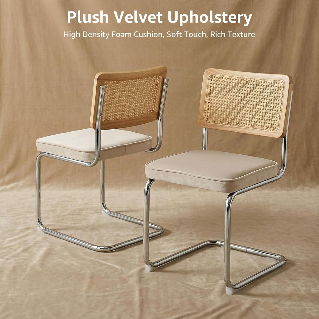 Rattan Dining Chairs Set of 4, Mid-Century Modern Dining Room Chairs with Cane Back, Velvet Upholstered Seat & Chrome Cantilever Frame, Sillas de Comedor, Kitchen & Dining Room Chairs (Beige)