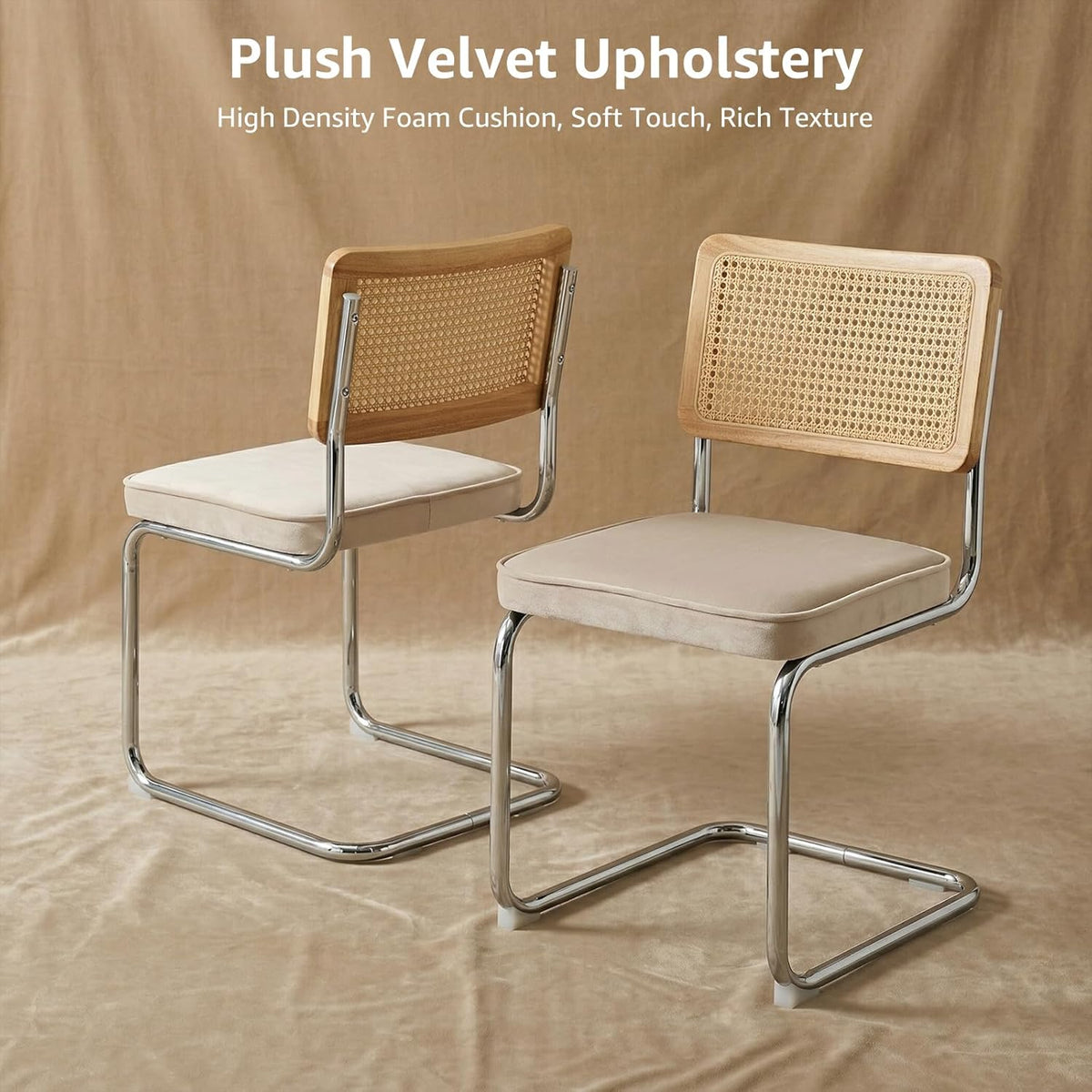 Rattan Dining Chairs Set of 4, Mid-Century Modern Dining Room Chairs with Cane Back, Velvet Upholstered Seat & Chrome Cantilever Frame, Sillas de Comedor, Kitchen & Dining Room Chairs (Beige)