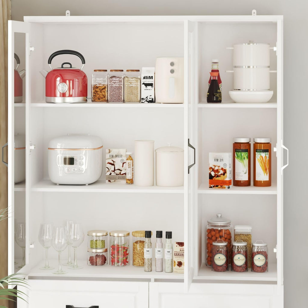MOUMON Pantry Cabinet Kitchen Storage Cabinet with 3 Glass Doors, Kitchen Pantry with Shelves & 2 Drawers, White (47.2”W x 15.7”D x 78.7”H)