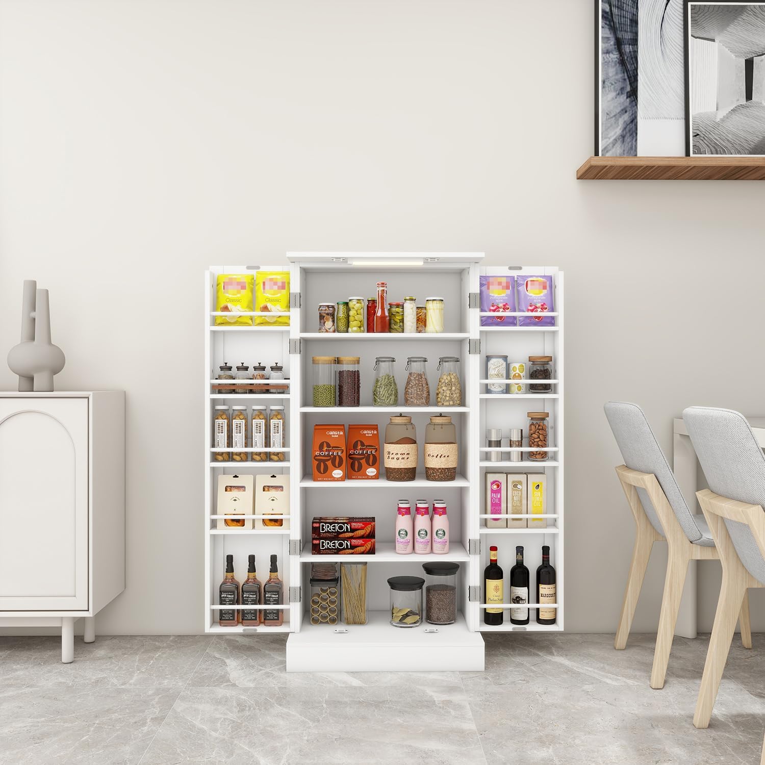 Locsear Kitchen Pantry Storage Cabinet w/LED, 50" Pantry Cabinets w/Doors and Adjustable Shelves, Freestanding Pantry Cupboard for Kitchen, Dinning Room, Living Room, Small Place, White