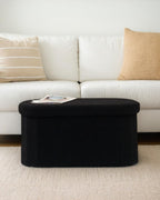 30" Oval Foldable Ottoman with Storage, Teddy Boucle Fabric Footrest, Storage Bench for Living Room, Bedroom, Entryway, Dorm, Black