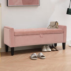 Storage Ottoman Bench, Velvet Upholstered Footstool for Bedroom and Living Room, Frosted Flannel Seat with Storage, Wooden Legs & Metal Rivets, Pink