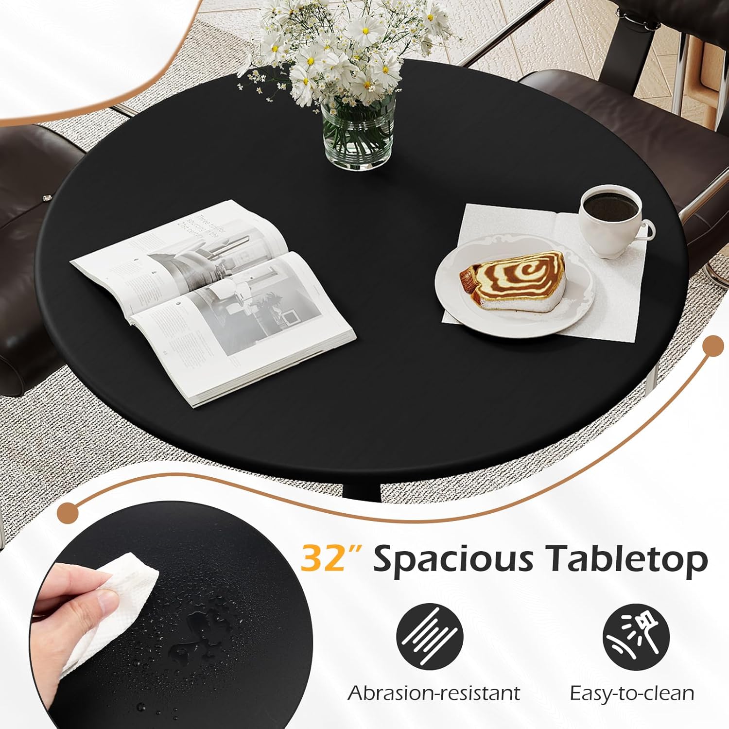 Tangkula Round Dining Table Set for 4, Kitchen Table Set with Padded Seat & Solid Wood Legs, Round Kitchen Table and Chairs for Small Space, Black (Black)