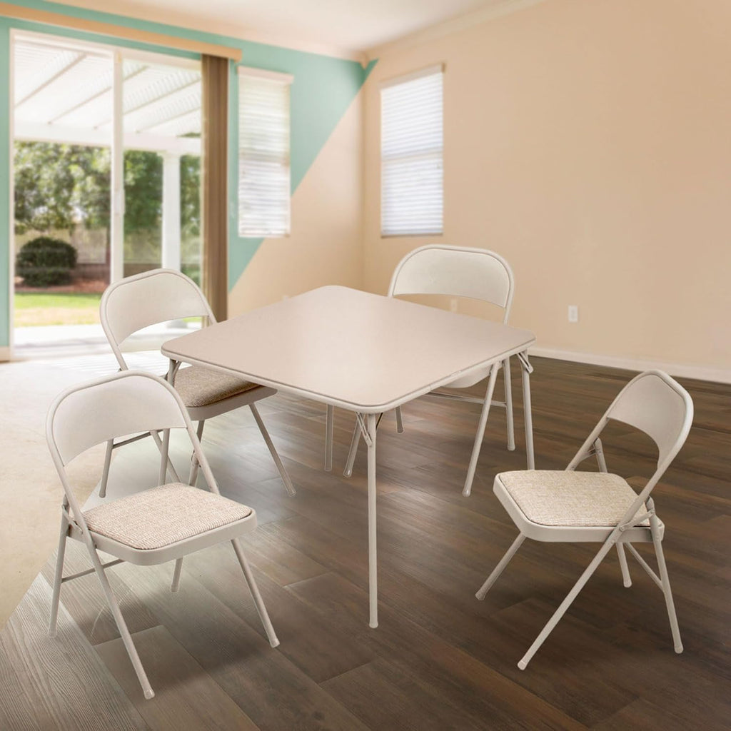 Sudden Comfort 5 Piece 34 x 34 Inch Square Folding Dining Card Table, Tan | with 4 Padded Folding Chairs Furniture Set for Gatherings and Games