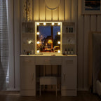 White Dressing Table with Mirror and Lights, Makeup Vanity Desk with 3 Drawers & 2 Large Cabinet, Large HD Mirror, 3 Color Modes & Adjustable Brightness, Modern