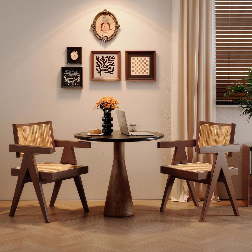 Mid Century Dining Chairs Set of 2, Rattan Accent Armchairs for Living Room, Kitchen, Patio, Brown Wooden Chairs