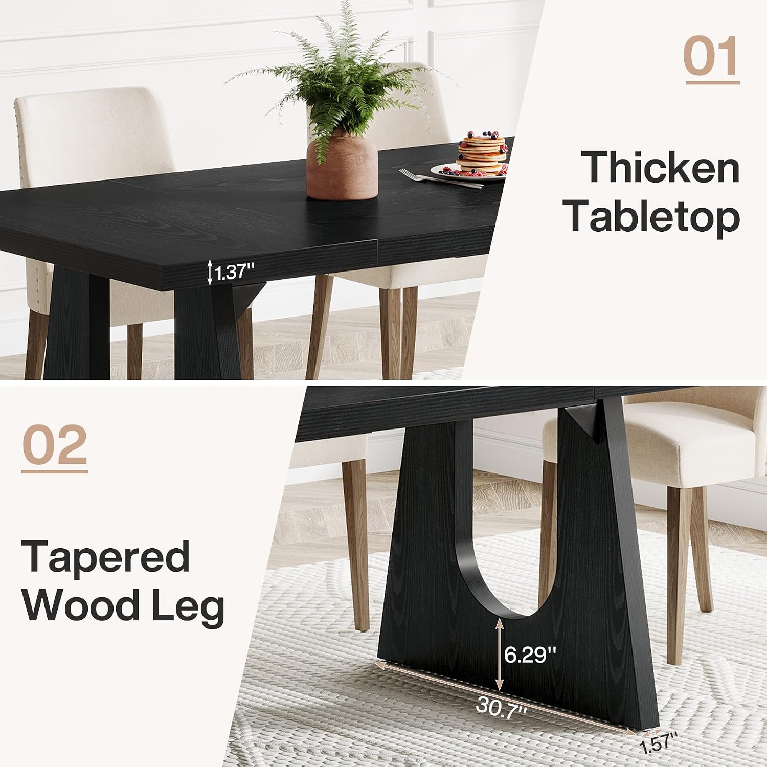 Tribesigns Large Dining Table for 6-8 People, 70.9-Inch Wood Rustic Rectangular Table with Black Wooden Legs, Farmhouse Center Kitchen Table for Dining Room, Living Room, Home Furniture, Black | Rustic Farmhouse Kitchen Table with Wooden Legs for Dining