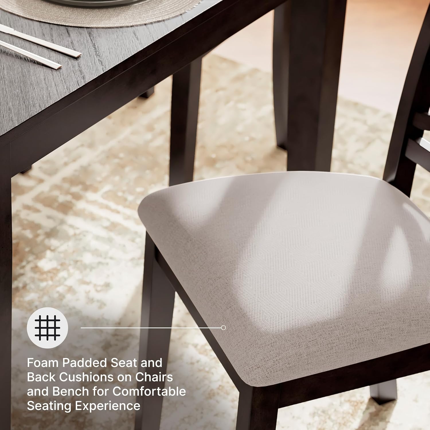 Signature Design by Ashley Langwest 6-Piece Dining Table Set with Bench | Seats up to 6, 60.38 in W dining table, Reverse diamond patterned veneer, Tapered legs, Light beige polyester fabric