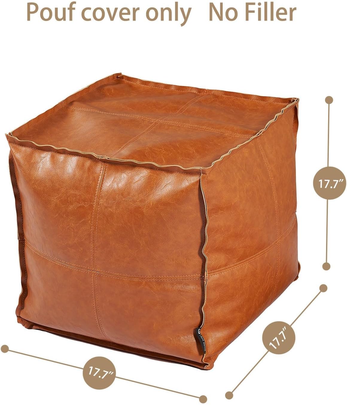 Pouf Ottoman, Unstuffed Pouf Cover, Handmade Faux PU Leather Moroccan, Orange Brown 17.7" Square, Foot Rest for Living Room, Floor Chair Gifts for Men Women, (Only Cover)