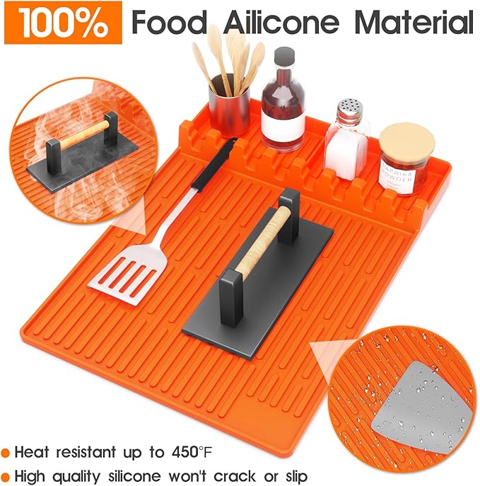 Silicone Griddle Tool Mat for Blackstone, 16"x11.5" Easy to Clean Heat Resistant Non-Stick Antislip Spatula Mat for Outdoor Grill BBQ Cooking Kitchen Counter (Orange)