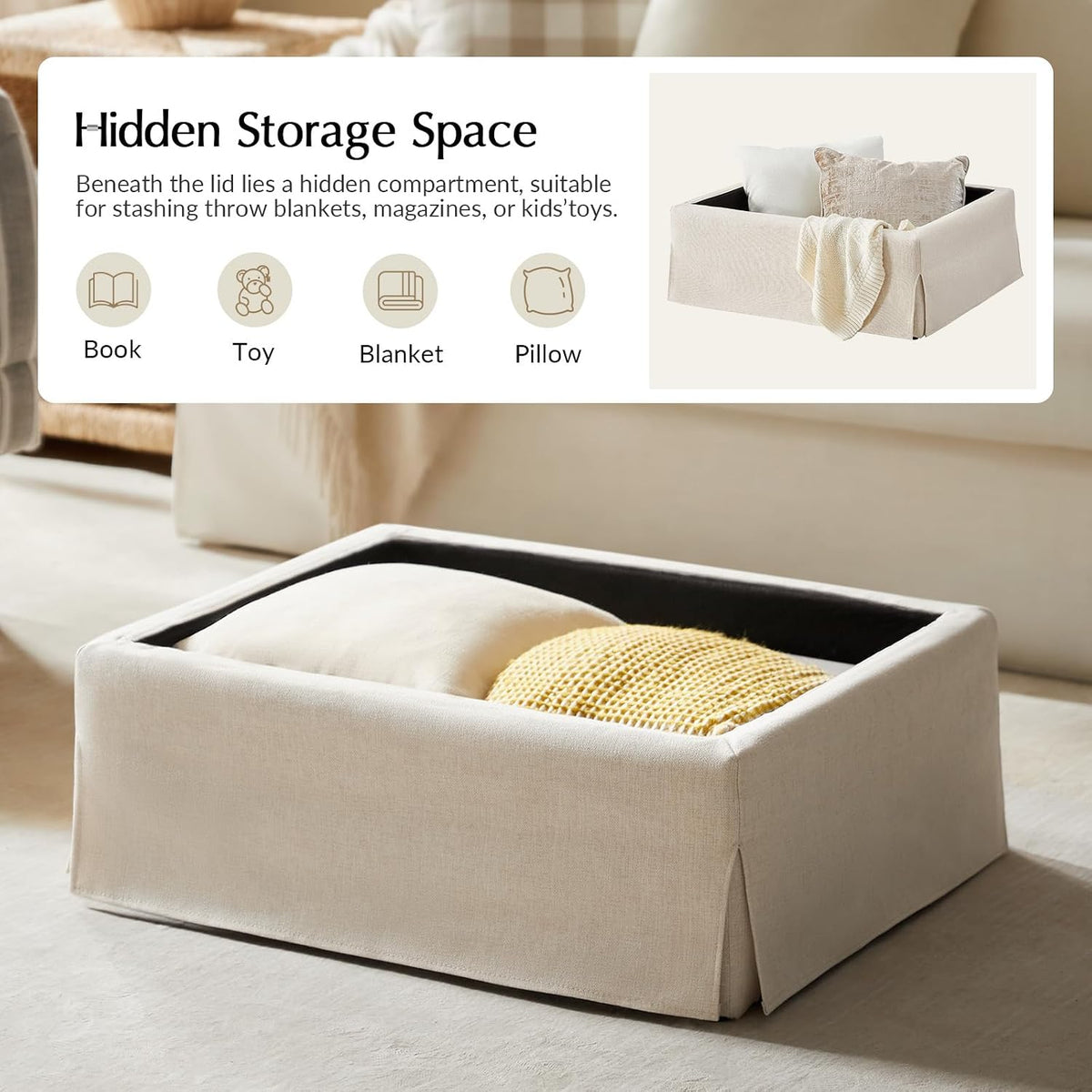 HULALA HOME Storage Ottoman Coffee Table with Lift Top, Farmhouse Linen Upholstered Ottoman with Removable Fabric Cover, 30-Inch Large Coffee Table with Storage for Living Room, Bedroom, Beige
