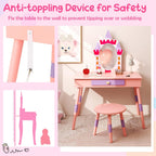 Costzon Kids Vanity Set, Girls Vanity Set with Mirror and Stool, Princess Makeup Dressing Table with Drawer, Growth Chart, Floating Shelves, Kids Vanity Table and Chair Set, Pink