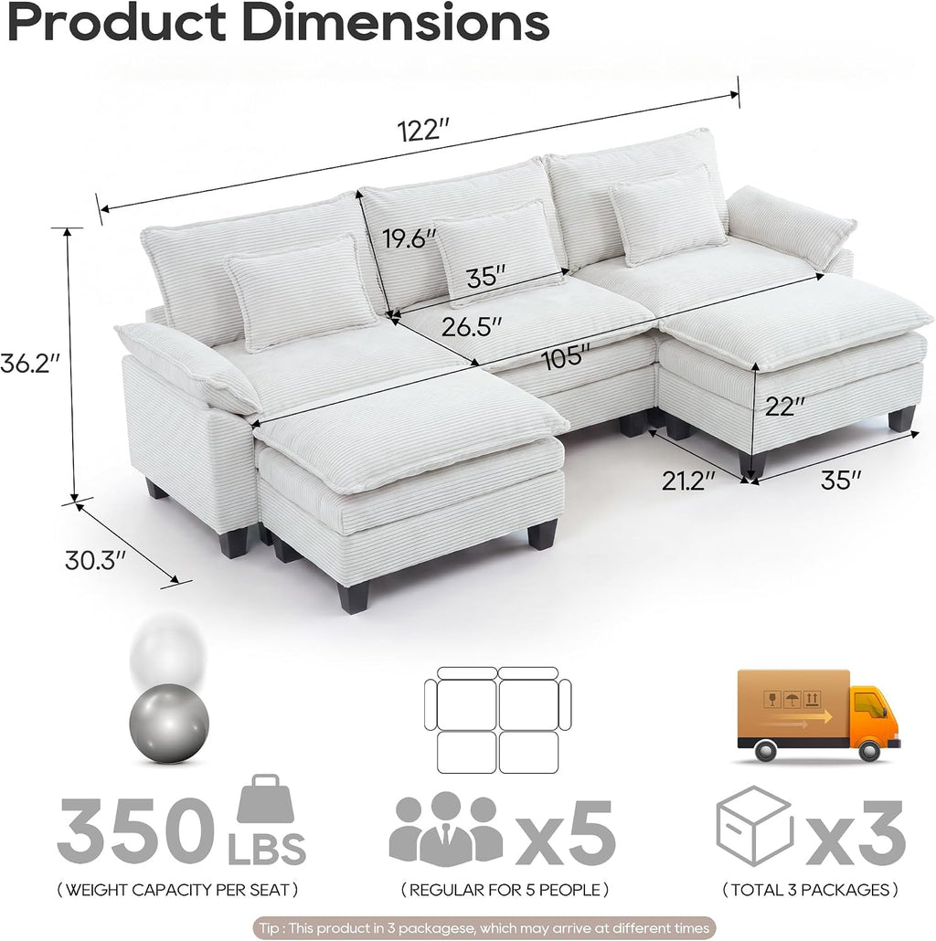 URRED Oversized Modular Sectional Sofa，Solid Beige：122" U Shaped | Modern Comfy Cloud Couch with Movable Ottoman and Pillow, Deep Seat Couches for Living Room, Bedroom or Apartment