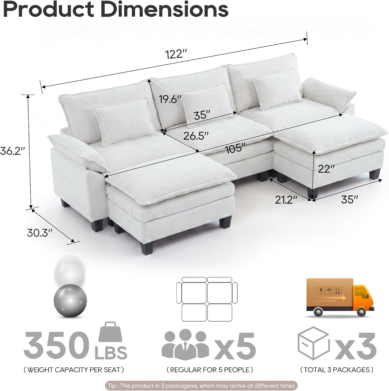 URRED Oversized Modular Sectional Sofa，Solid Beige：122" U Shaped | Modern Comfy Cloud Couch with Movable Ottoman and Pillow, Deep Seat Couches for Living Room, Bedroom or Apartment