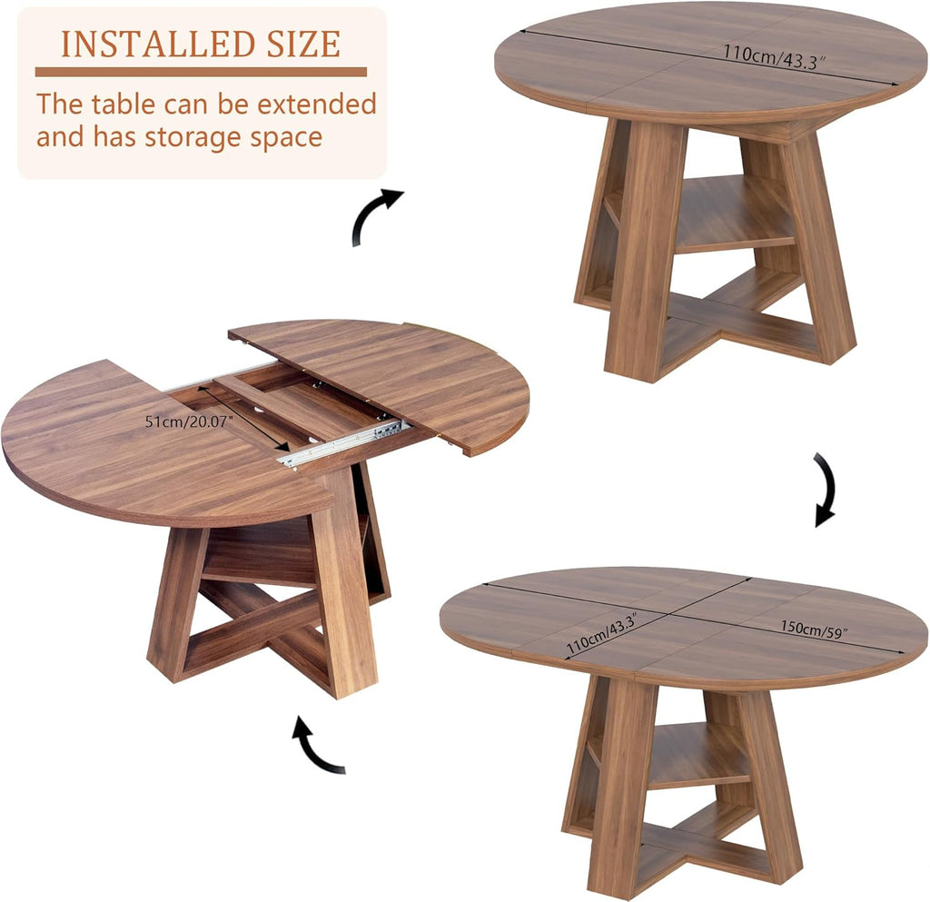 43.3"-59" Extendable Round Oval Dining Table for 4-8 with Storage Shelf | Modern Kitchen Oval Dining Table with Removable Leaves,Space Saving Extendable Table Wood Base for Kitchen Living Room Walnut