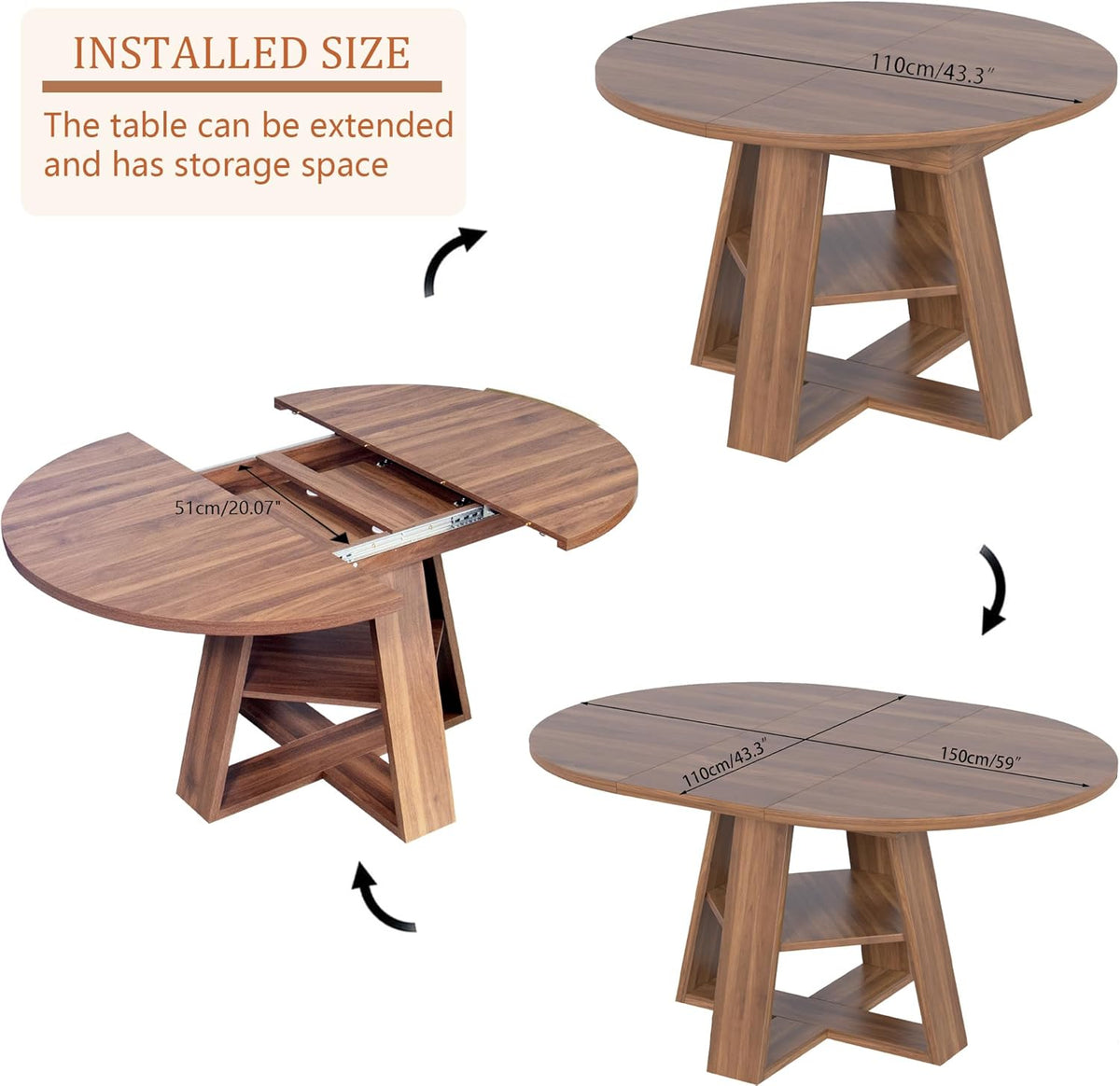 43.3"-59" Extendable Round Oval Dining Table for 4-8 with Storage Shelf | Modern Kitchen Oval Dining Table with Removable Leaves,Space Saving Extendable Table Wood Base for Kitchen Living Room Walnut