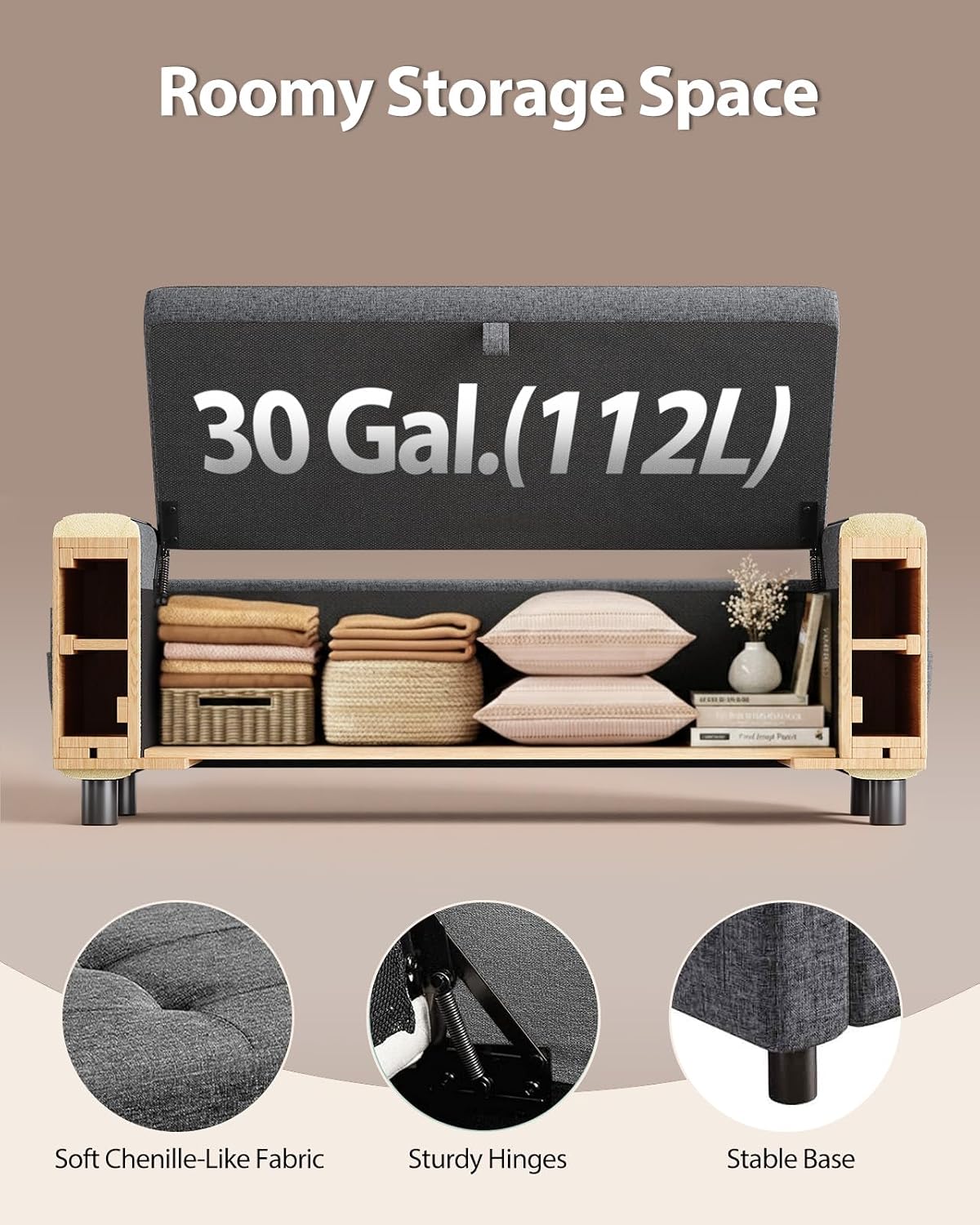 Amada 46" Storage Ottoman Bench, Side Pocket, Safety Hinge, Dark Gray | 30 Gallon (112 Liter) Hidden Storage, Holds 400 lbs, 3.14" Thick Foam, End of Bed Bench, Bench for Living Room, Bedroom
