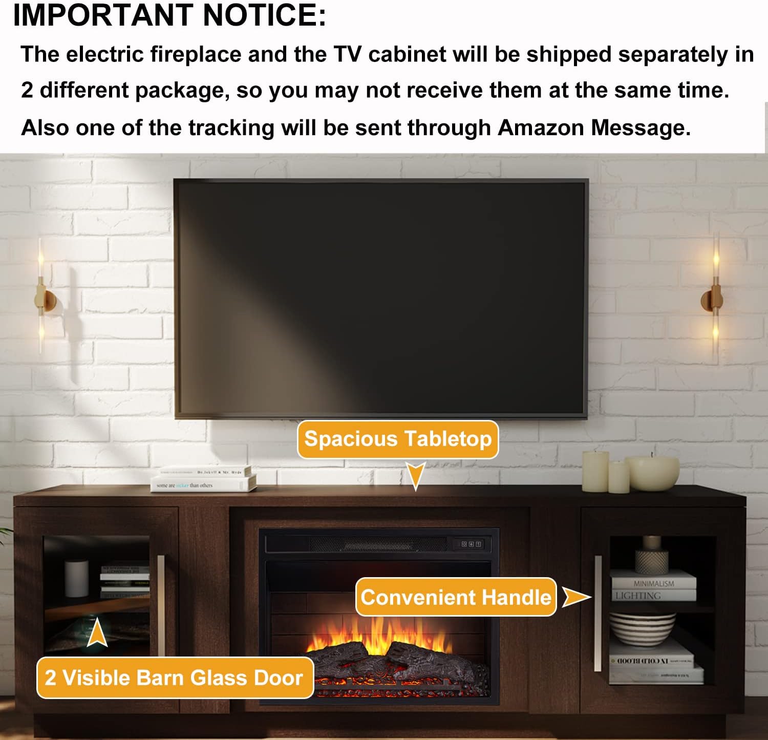 Cheerway 3D Fireplace TV Stand for TVs up to 80’’, Wooden Media Entertainment Center Table & TV Cabinets w/Storage Shelves & Barn Door, Electric Fireplace w/Remote Control