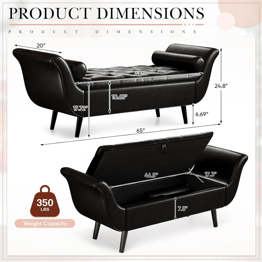 Storage Bench for Bedroom, 65" End of Bed Bench King Size, Faux Leather Tufted Upholstered Window Bench Indoor Foot of Bed Storage Ottoman Long Seating with Arm for Living Room Entryway, Black