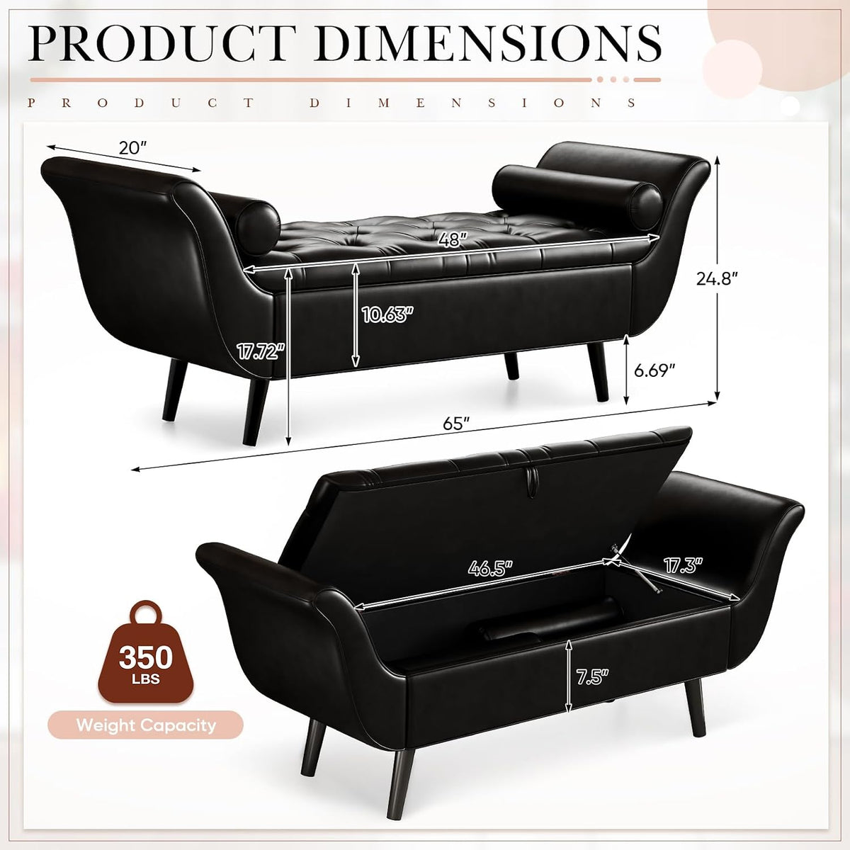 Storage Bench for Bedroom, 65" End of Bed Bench King Size, Faux Leather Tufted Upholstered Window Bench Indoor Foot of Bed Storage Ottoman Long Seating with Arm for Living Room Entryway, Black