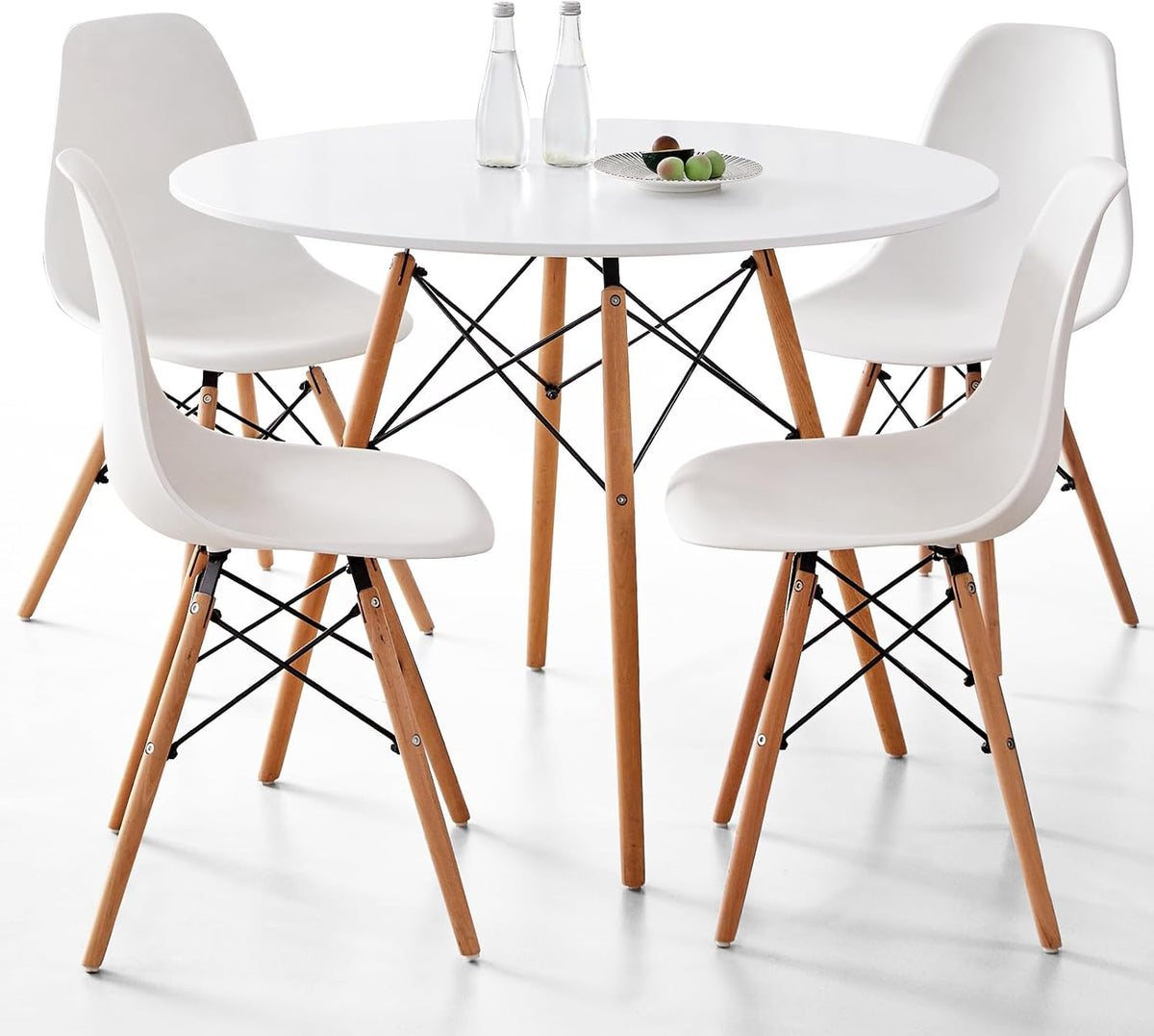 5-Piece Round Dining Set, 35.5" Kitchen Table Chairs Set of 4 | Space Saving Furniture, Plastic Seats, Solid Wood Legs, for Living Room Apartment Office Home, White