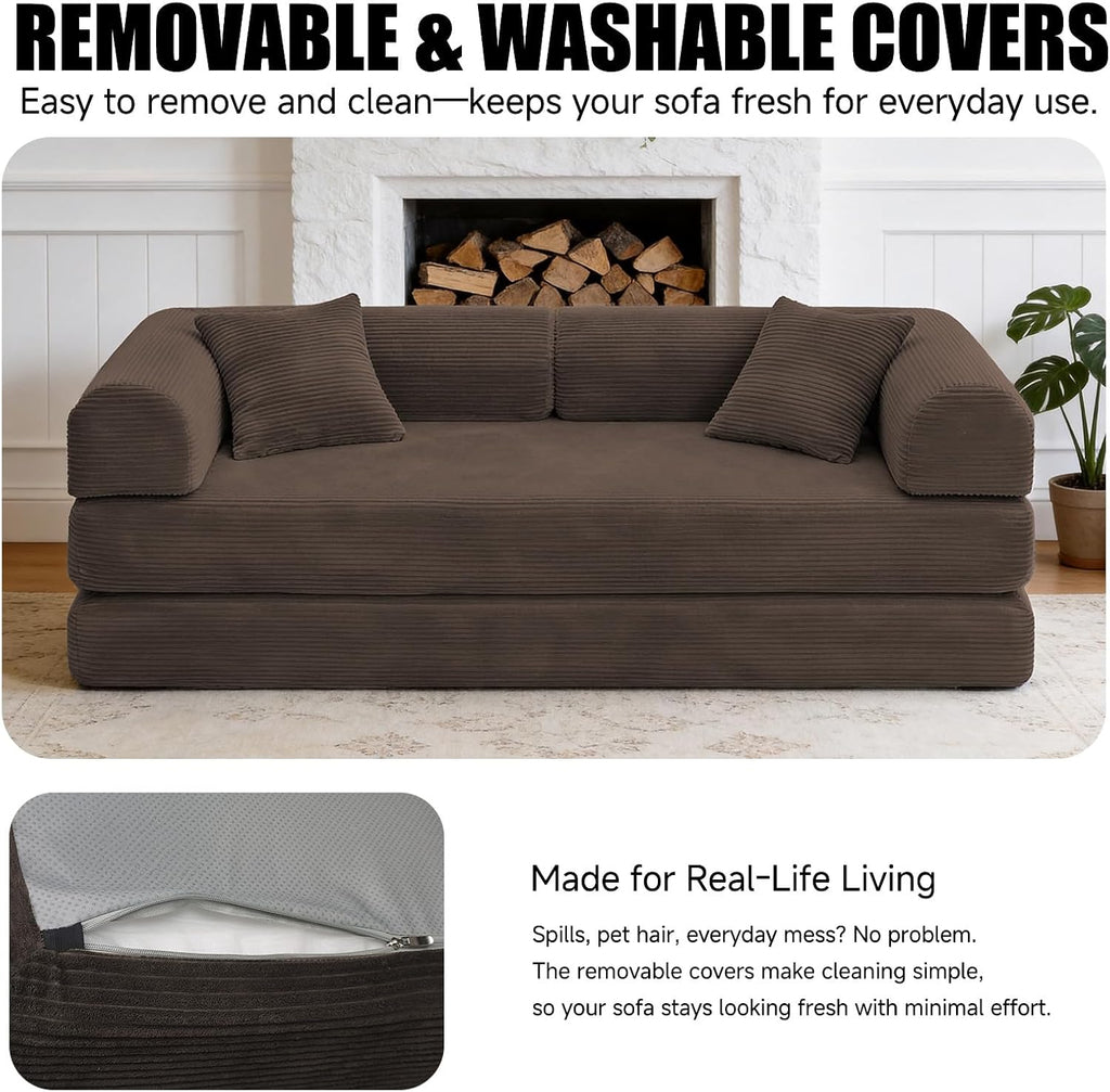 79" Corduroy Sofa Bed, Couch in a Box with 2 Pillows, High-Density Foam 4-in-1 Foldable Sleeper Futon Loveseat for Small Spaces, No Assembly, Side Pockets, Hex Arm Brown