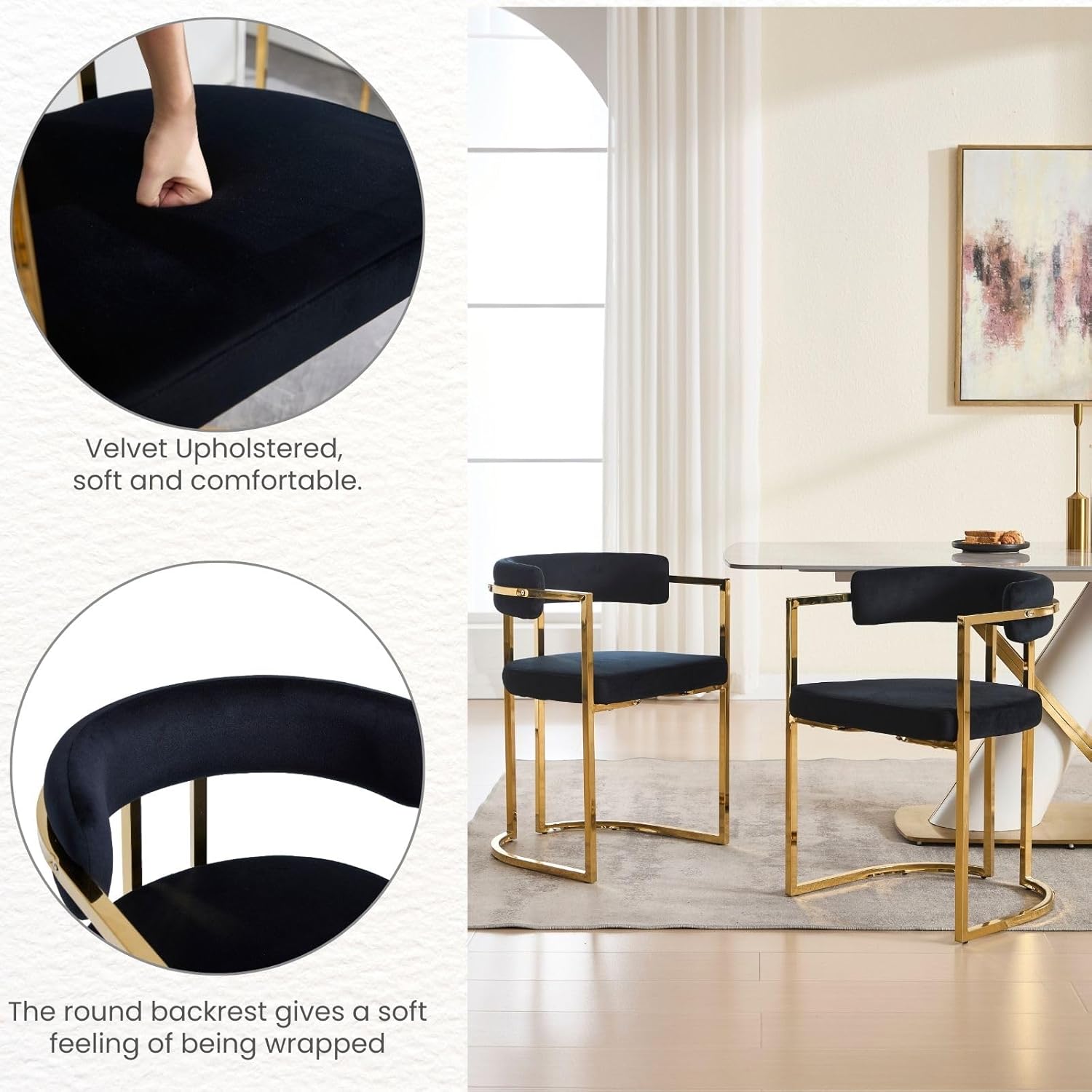 Black Velvet Upholstered Dining Chairs Set of 4, Modern Barrel Dining Chair with Gold Legs, Kitchen Chairs Open Back Accent Chairs Arm Side Chair for Living Dining Room/Vanity