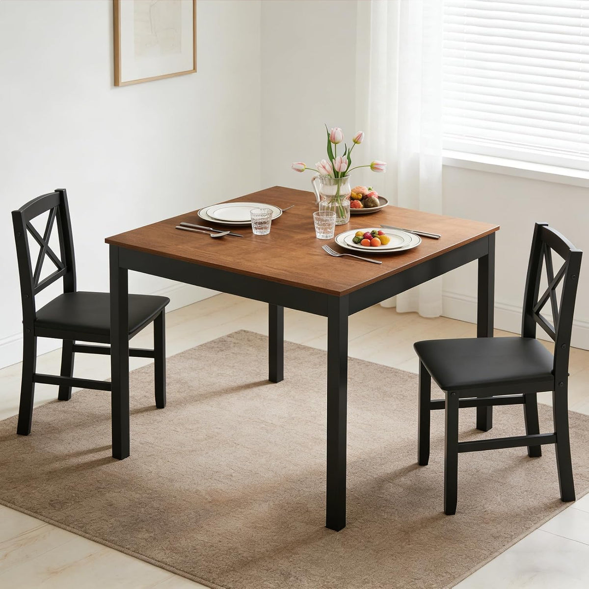 GIANTEX 3-Piece Dining Table Set for 2 - Small Wooden Kitchen Table with Upholstered PVC Leather Chairs, Rubber Wood Legs, Modern Compact Dining Set for Dinner, Kitchen, Restaurant, Dinette (Brown)