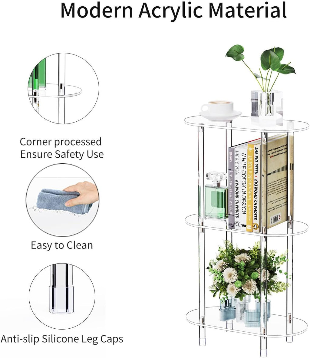 Clear Acrylic Narrow Side Table for Small Spaces, 15.75" L x 7.87" W x 26.7" H, 3 Tier Oval Slim End Table Nightstand, Small Minimalist Skinny Bedside Table for Bedroom, Bathroom, Living Room
