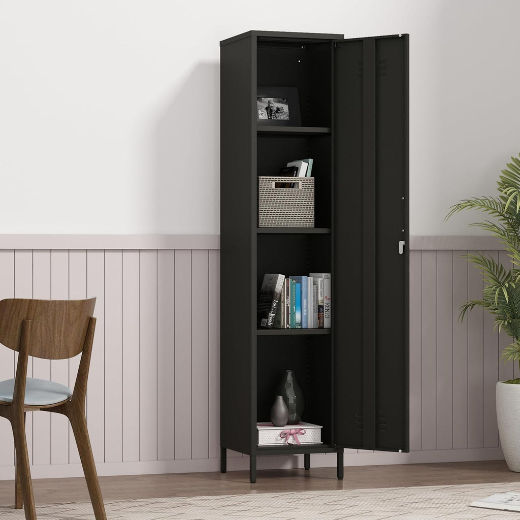 Tall Single Door Metal Locker with Adjustable Shelves, Black Tall Metal Locker Storage Cabinet，Easy Assembly for Living Room （15.8”W x 15”D x 70.9”H ）