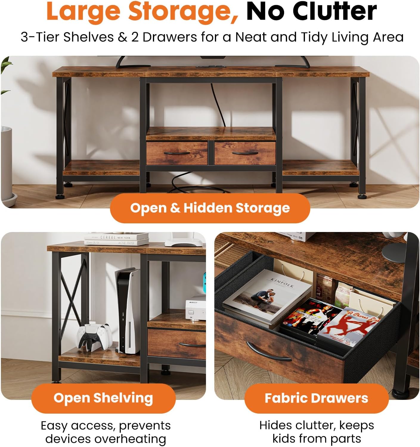 DUMOS 55" TV Stand with Fabric Drawers for 55 60 65 Inches TV | Entertainment Center and Industrial TV Console Table with Open Storage Shelves for Living Room, Bedroom, Rustic Brown